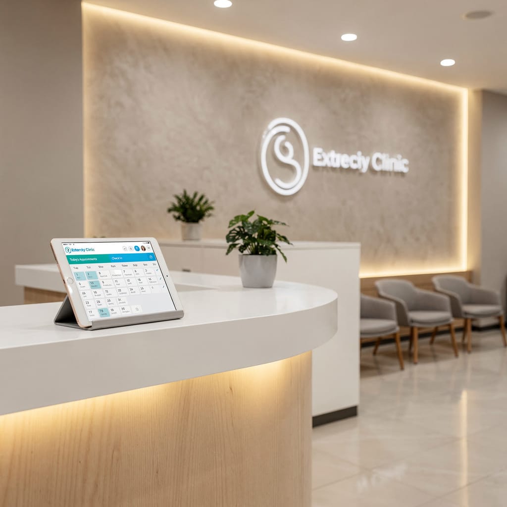 Dental clinic reception with Denalu running on a tablet